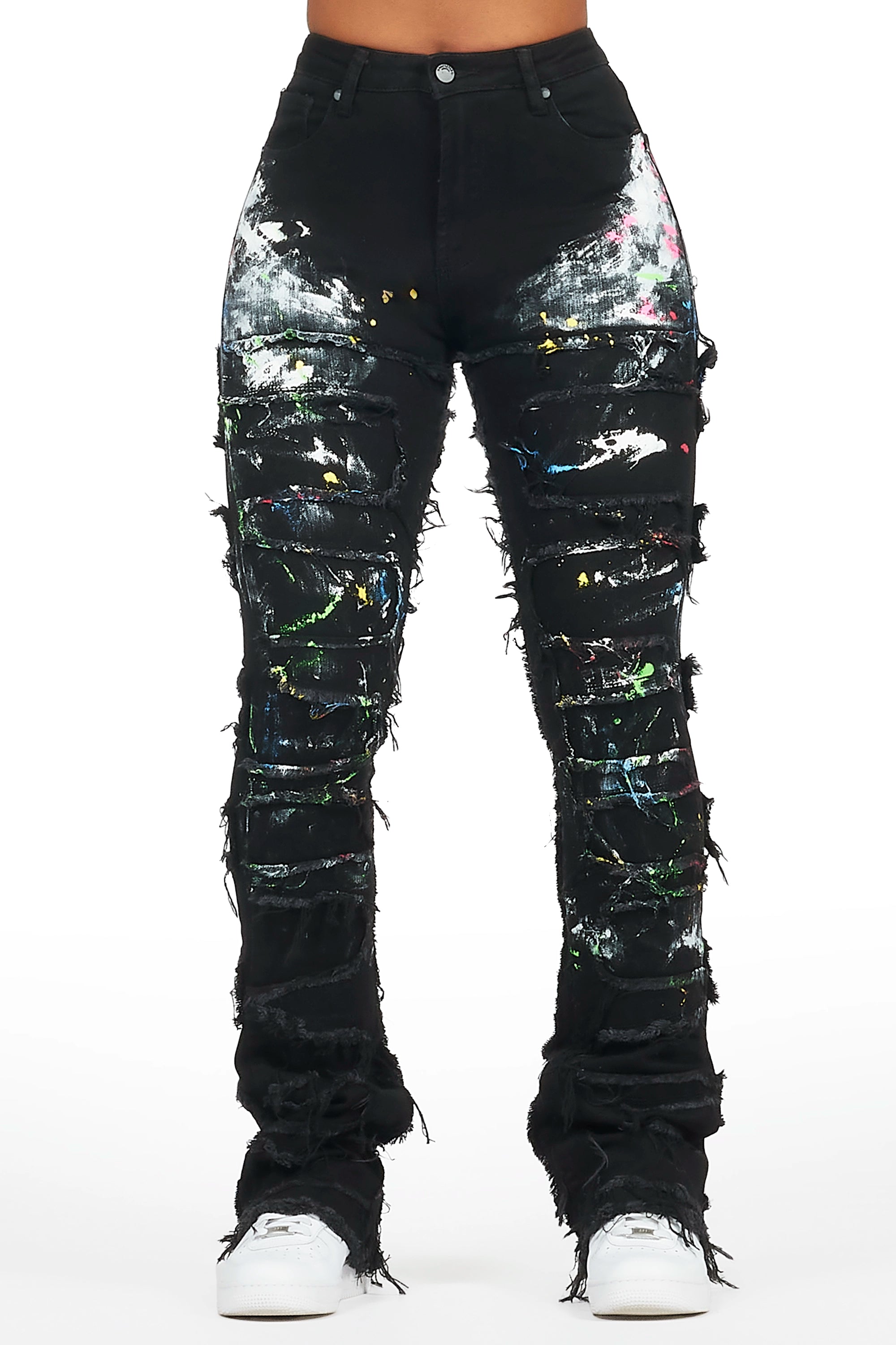 Sammia Black Painted Stacked Flare Jean Fashionable Raw Hem Bootcut Jeans