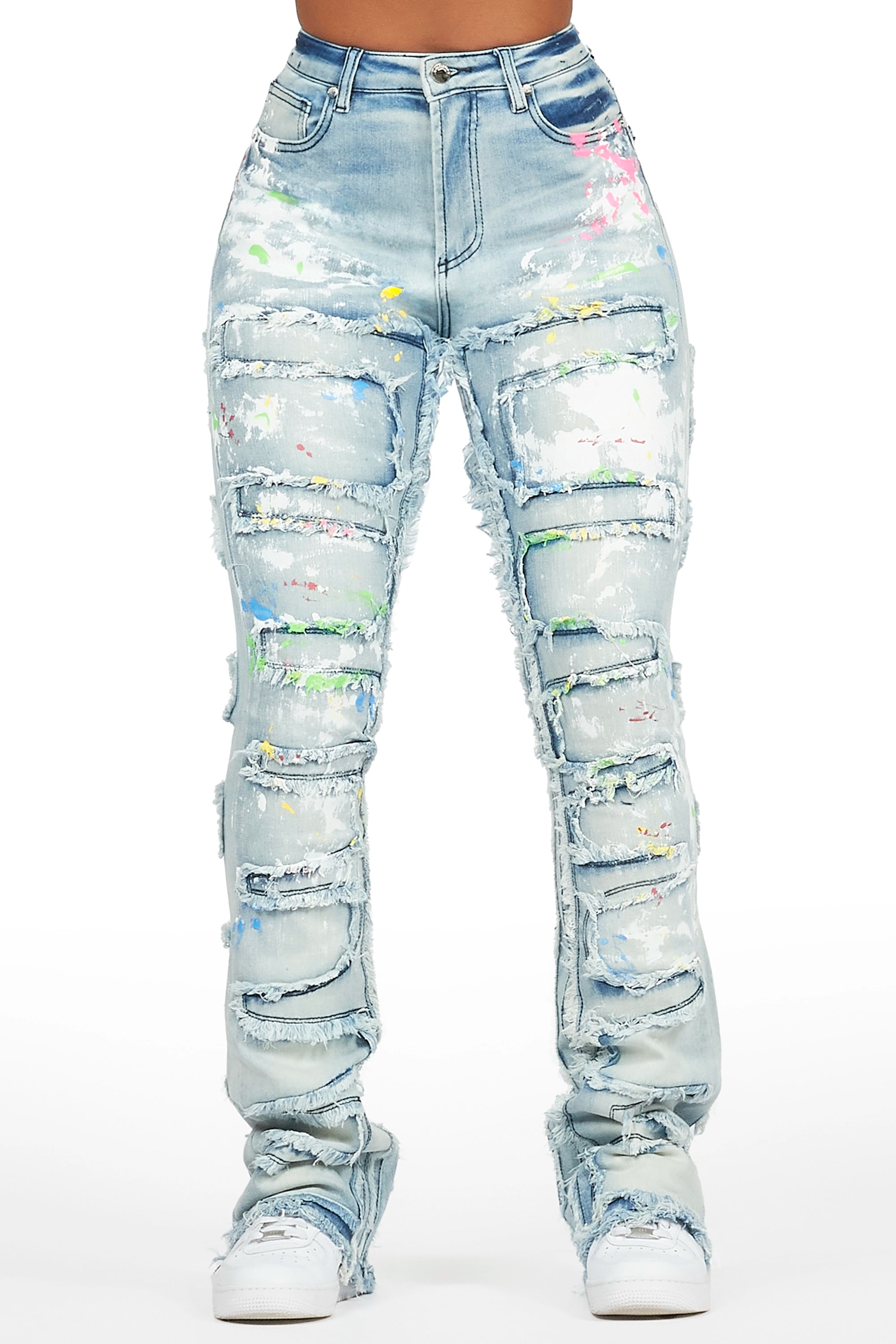 Sammia Light Wash Painted Stacked Flare Jean Trendy Layered Pocket Jeans