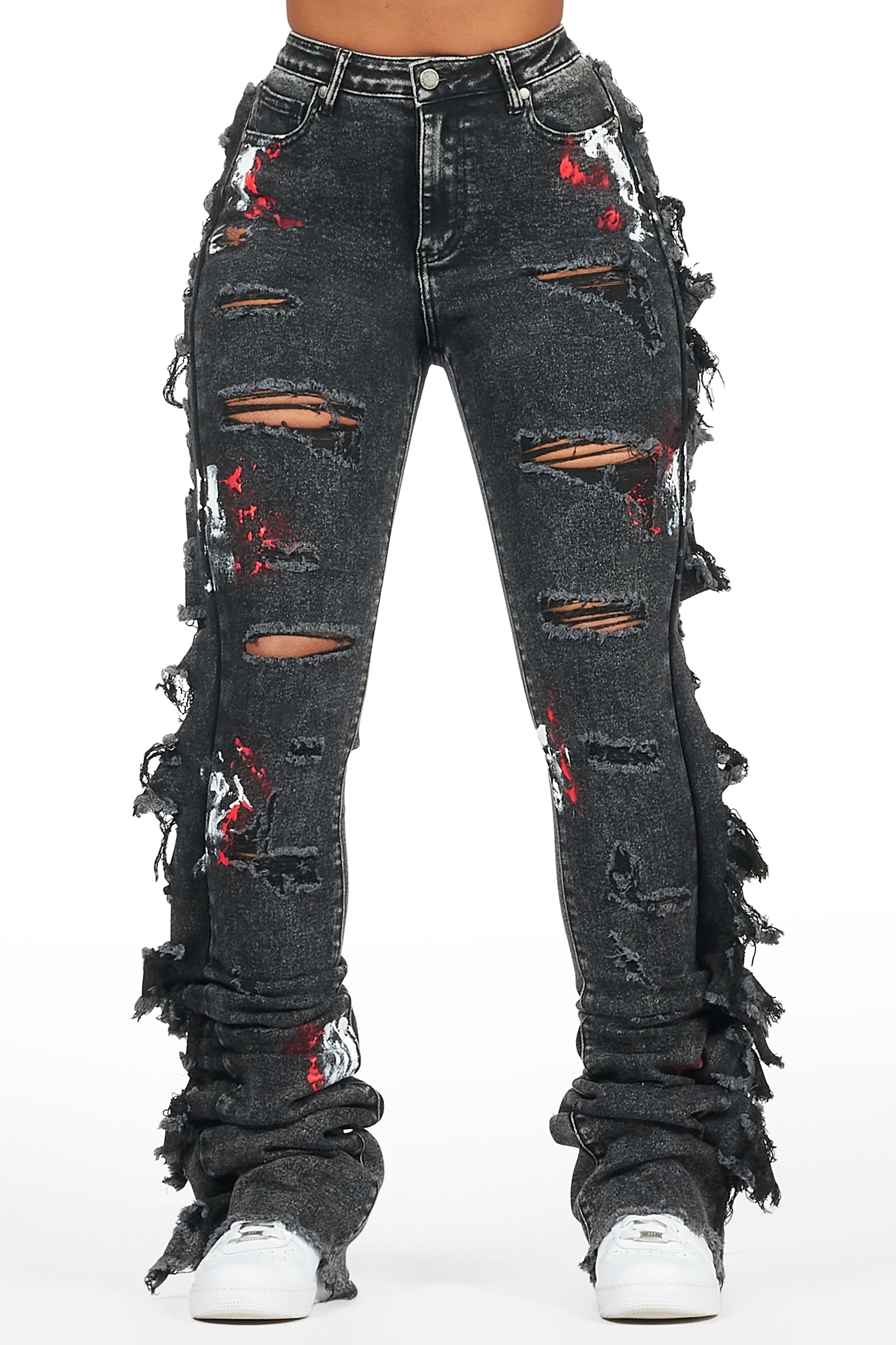 Analyse Black Wash Painted Super Stacked Jean Stylish Shredded Denim Jeans