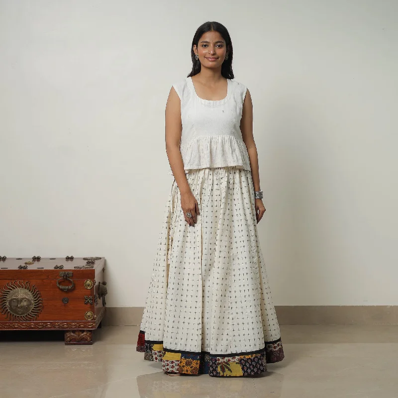 White - 24 Kali Cotton Pochampally Ikat Skirt with Border 35 velvet skirt plush