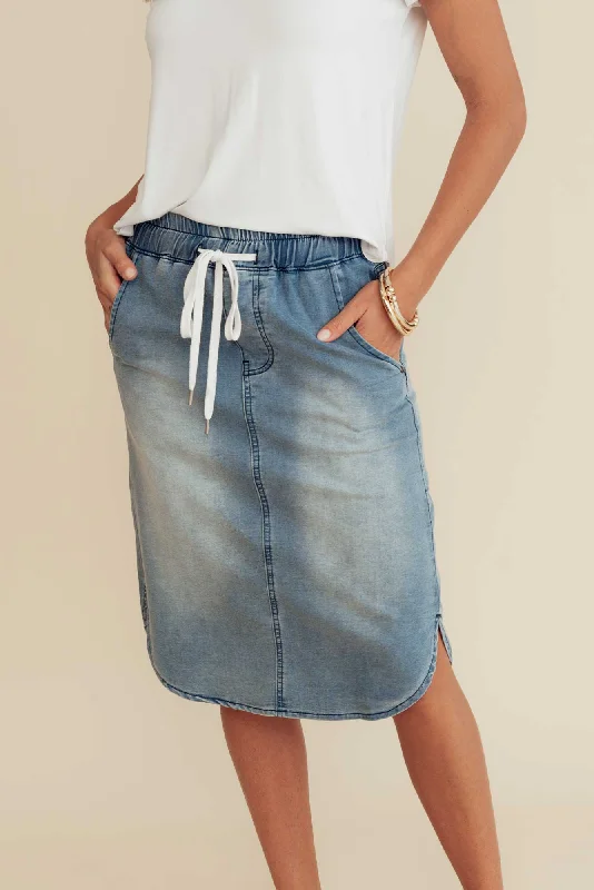 Alina Blue Denim Drawstring Skirt chiffon skirt floaty