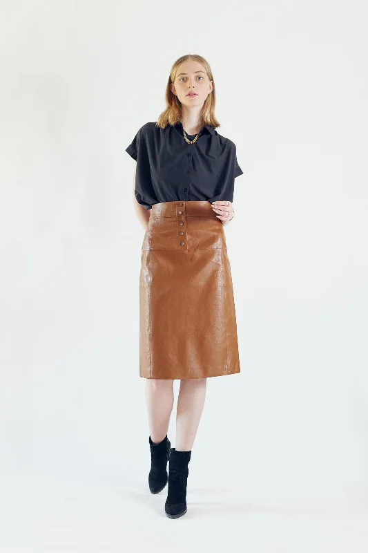 Glossy Brown Vegan Leather Pencil Skirt linen skirt relaxed