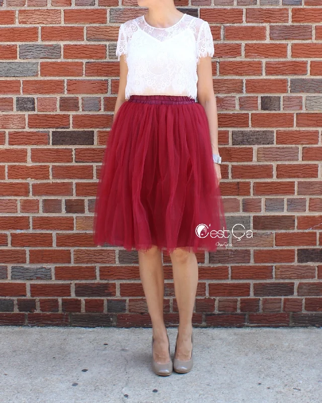 Claire Burgundy Soft Tulle Skirt - Midi zip skirt side