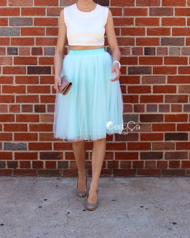 Claire Mint Green Soft Tulle Skirt - Below Knee Midi cashmere skirt fine