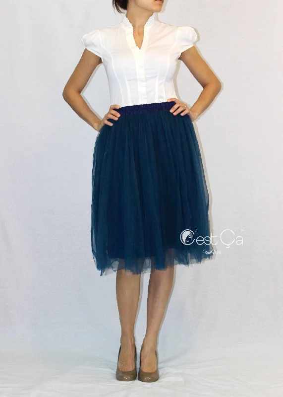 Claire Navy Blue Soft Tulle Skirt - Below Knee Midi chiffon skirt lightweight