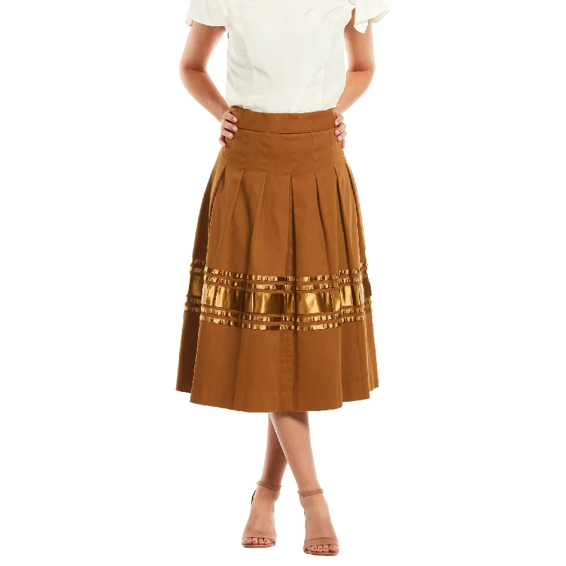 J. Peterman Women's Contrast Ribbon Pleated Skirt in Tobacco denim skirt casual