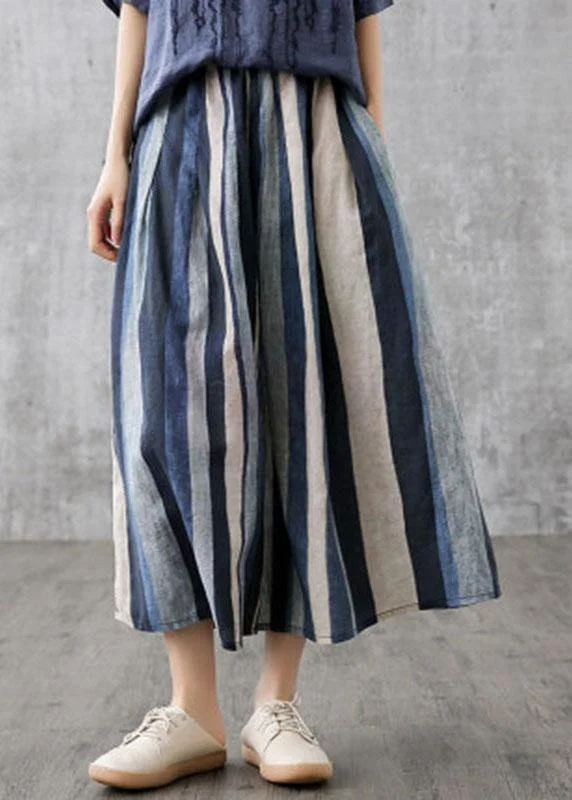 Elegant Navy Retro Striped A Line Summer Skirts Linen leather skirt modern