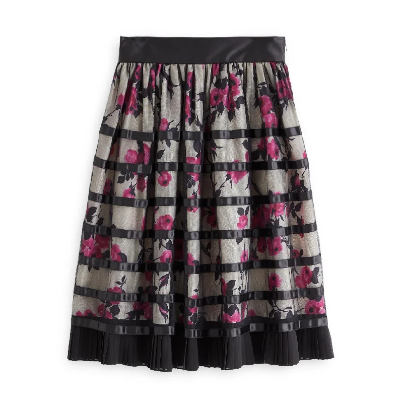 J. Peterman Women's Floral Ribbon Skirt In Black & Pink lace skirt romantic