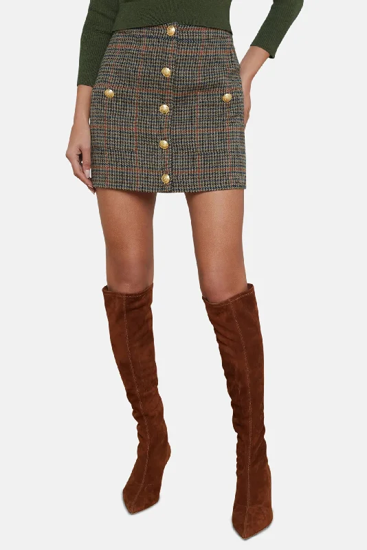 Zander Mini Skirt Tan/Teal Plaid slim fit skirt