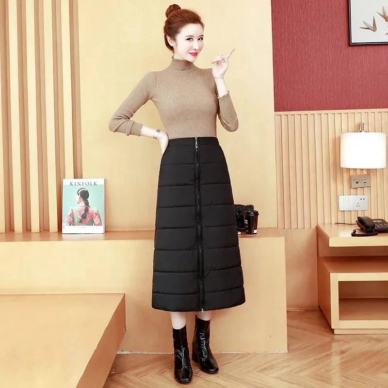 Leggings Skirt Winter Down Cotton Skirt Women's High Waist Thick Plus Size Windshield Skirt Mid-length One-piece Warm linen skirt airy