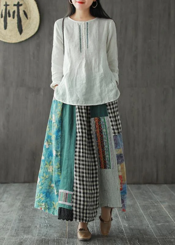 Linen contrast color stitching skirt female spring new retro literary loose elastic waist skirt wool skirt sturdy