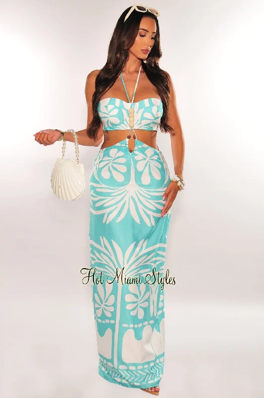 Mint White Palm Print Strapless Padded Halter Skirt Two Piece Set maxi skirt elegant