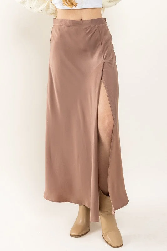 MOCHA SATIN SIDE SLIT MAXI SKIRT BIC60850 lace skirt delicate