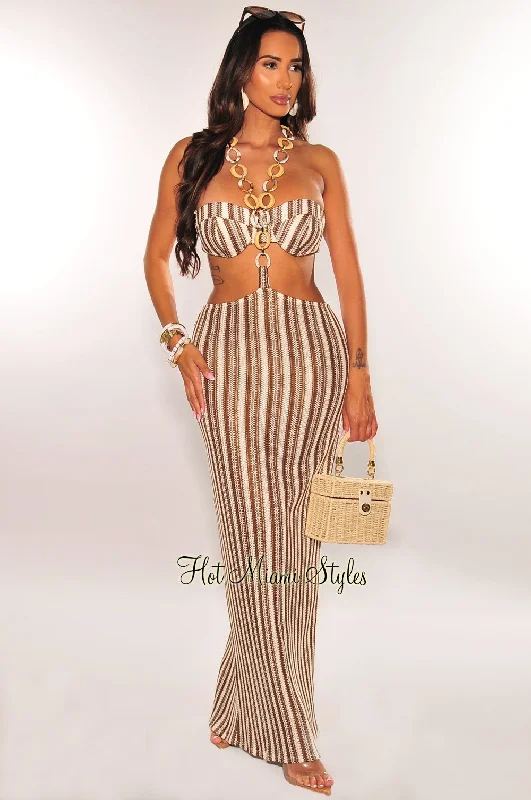 Mocha White Crochet Padded Strapless O-Ring Halter Skirt Two Piece Set boho skirt vibe