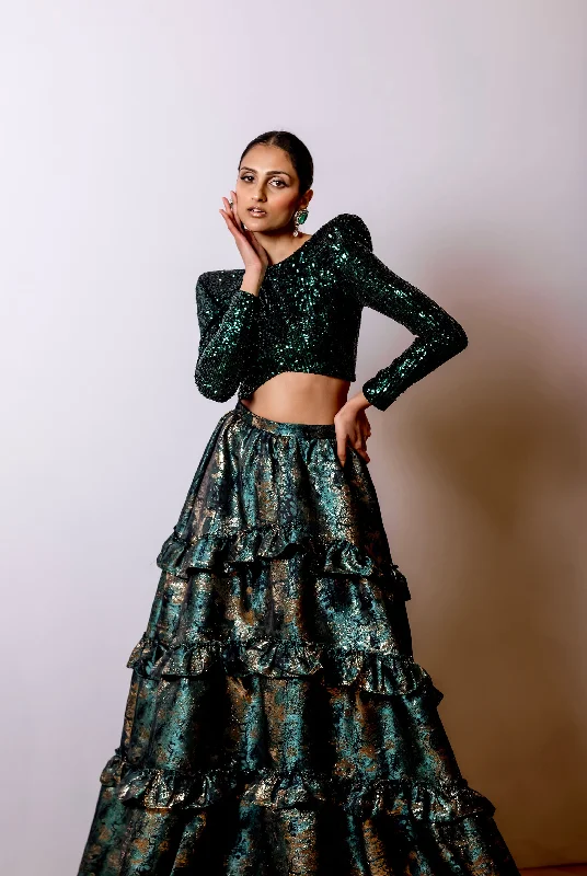 NAARA Green and Gold Ruffle Lehenga Skirt cashmere skirt soft