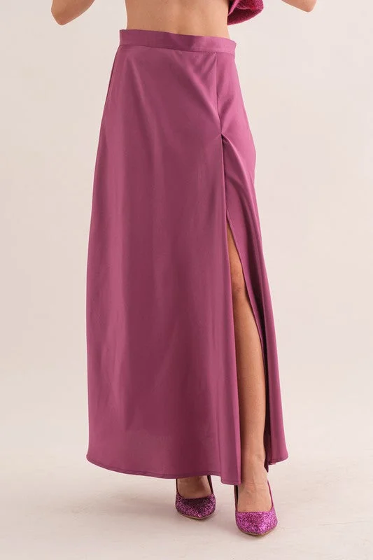 PURPLE SATIN SIDE SLIT MAXI SKIRT BIC60850 velvet skirt luxury