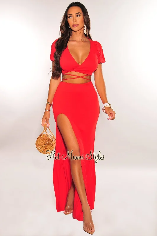 Red Wrap Around Slit Ruffle Skirt Two Piece Set tulle skirt dreamy