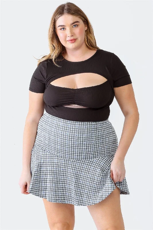 Plus Size Blue Plaid High Waist Flare Hem Mini Skirt chiffon skirt delicate